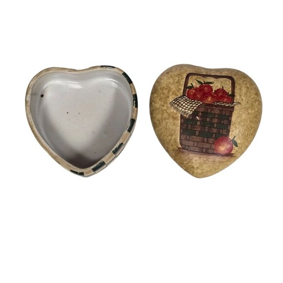 Vintage Heart-Shaped Ceramic Trinket Box Apples Basket Country Chic Home Decor - Picture 3 of 7